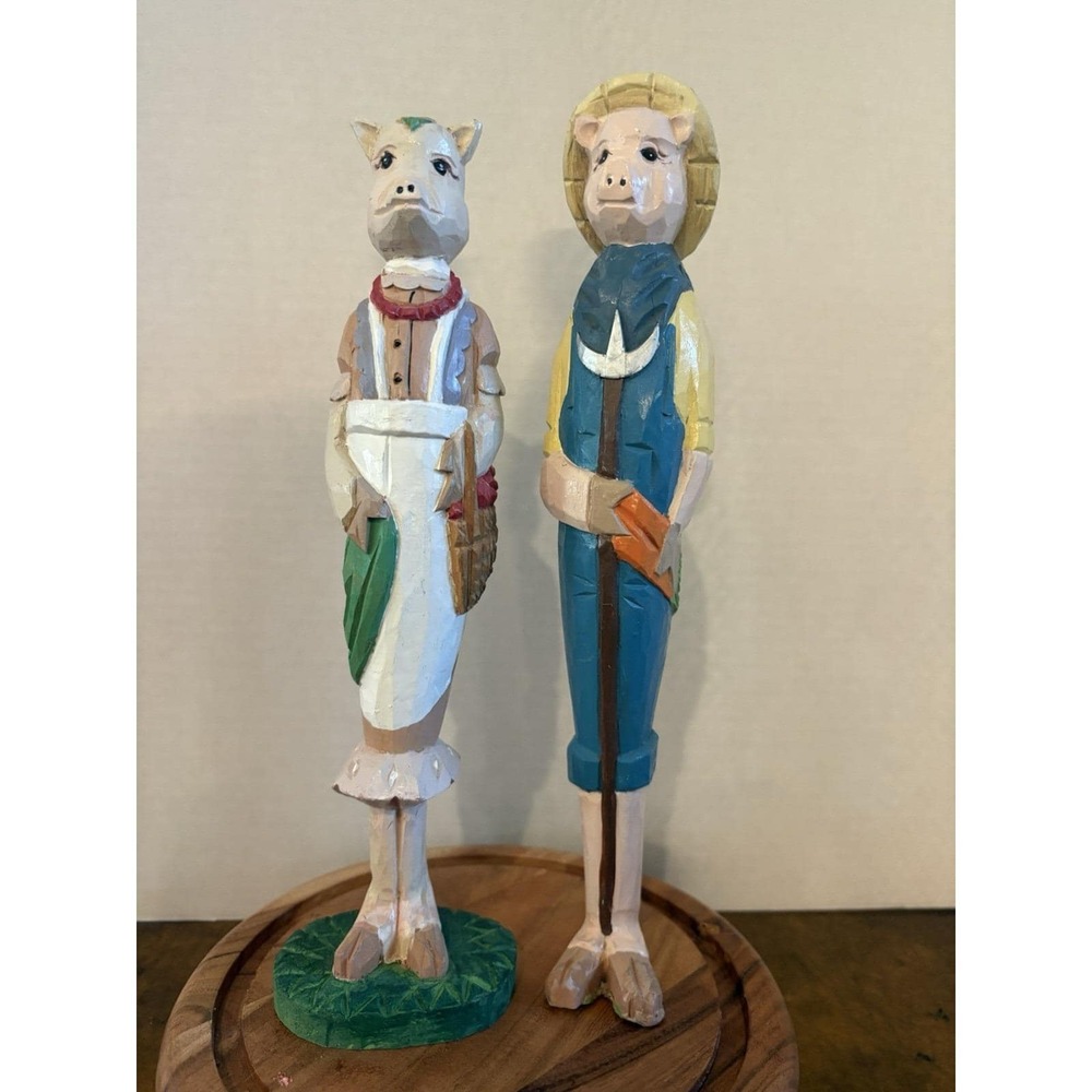 GANZ Folk Art Style American Easter Pig Figurines Hand-Painted Carved Wood.Farm